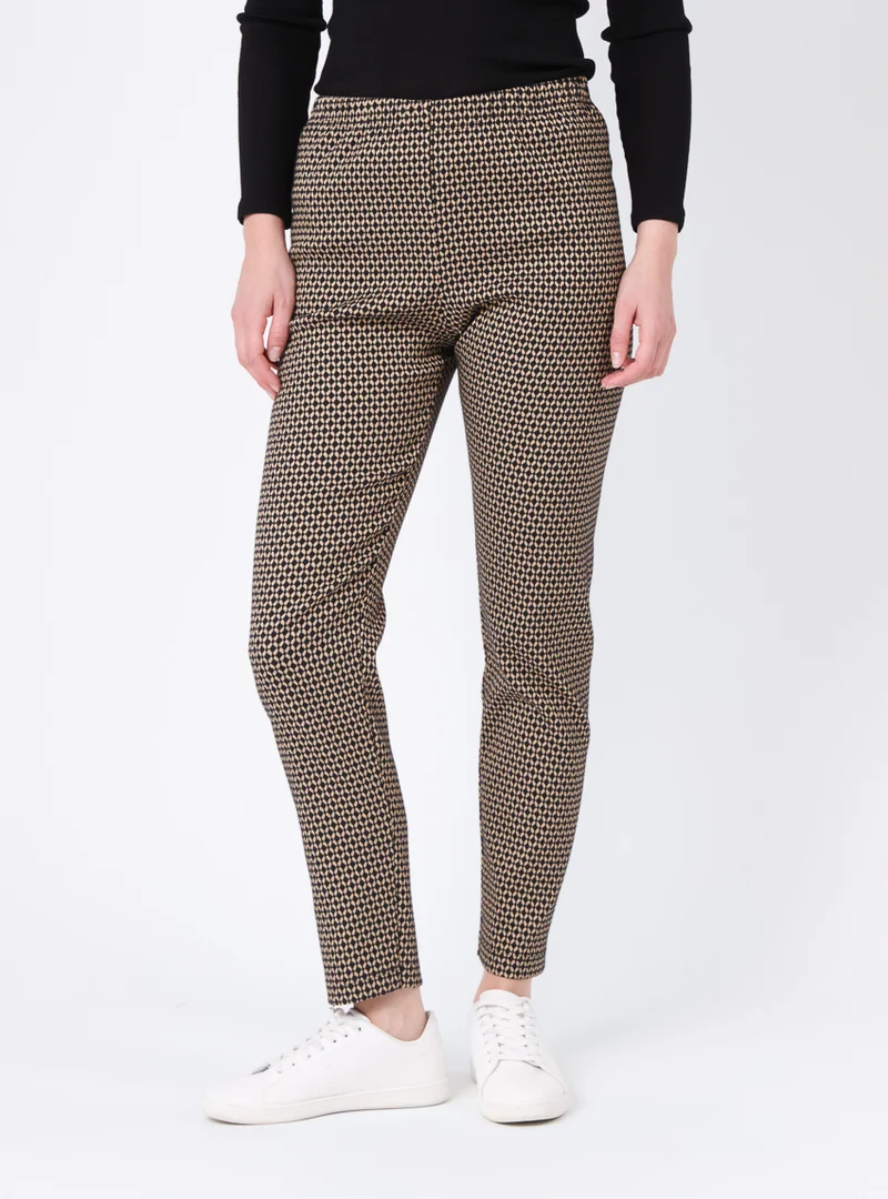 Pantalon femme stretch imprimé noir camel