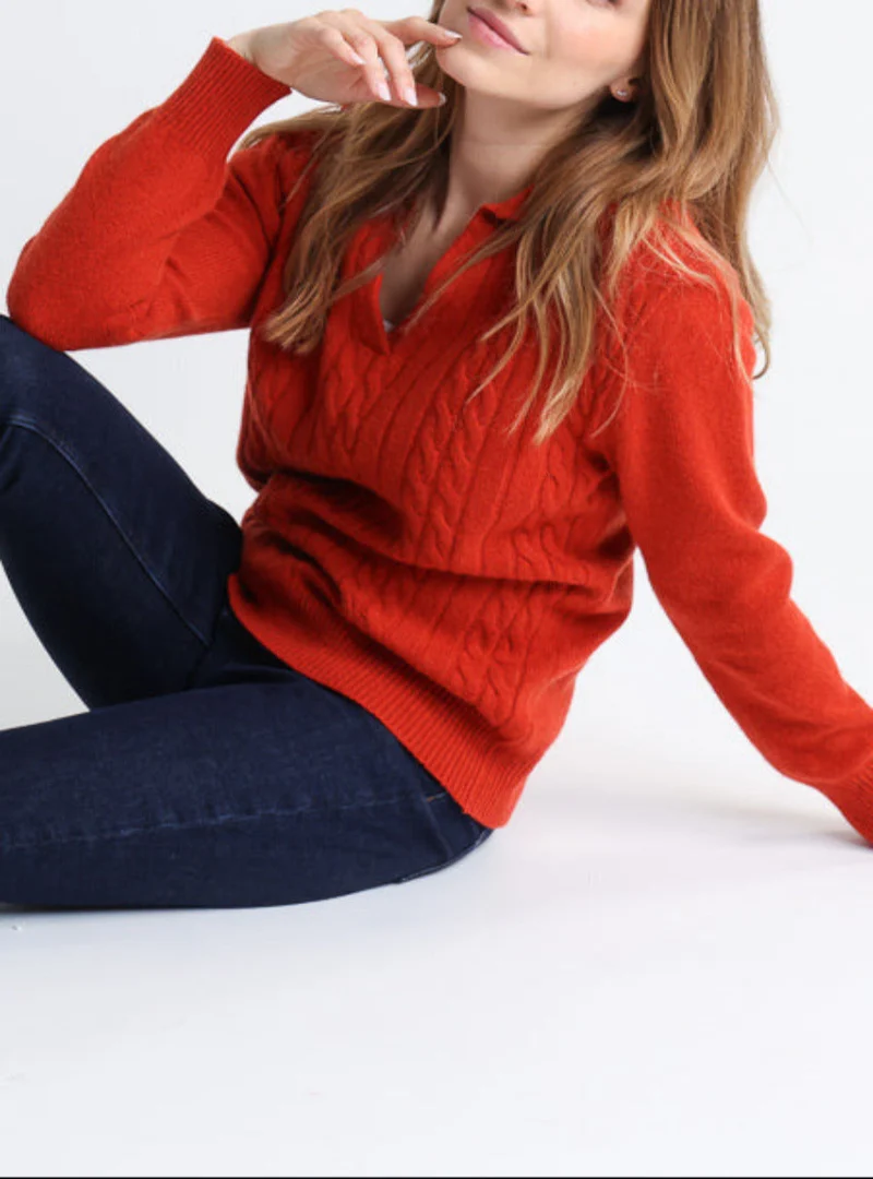 Pull femme laine mérinos col polo orange