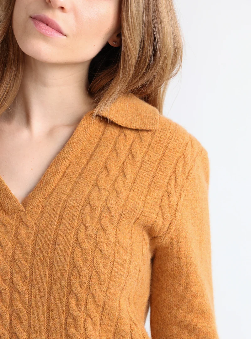 Pull femme laine mérinos col polo jaune