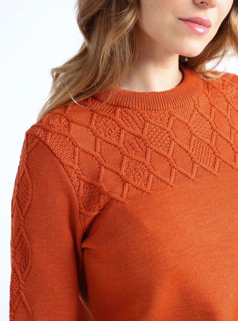Pull femme torsades laine mérinos orange