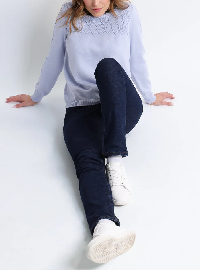 Pull femme laine mérinos torsades bleu