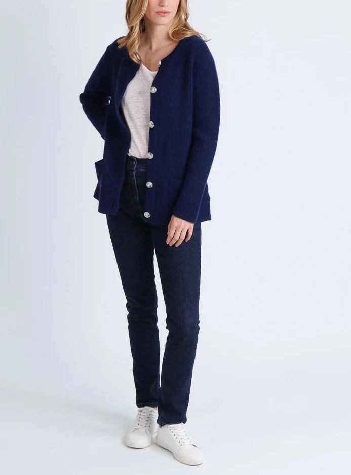 Cardigan femme en laine mérinos bleu