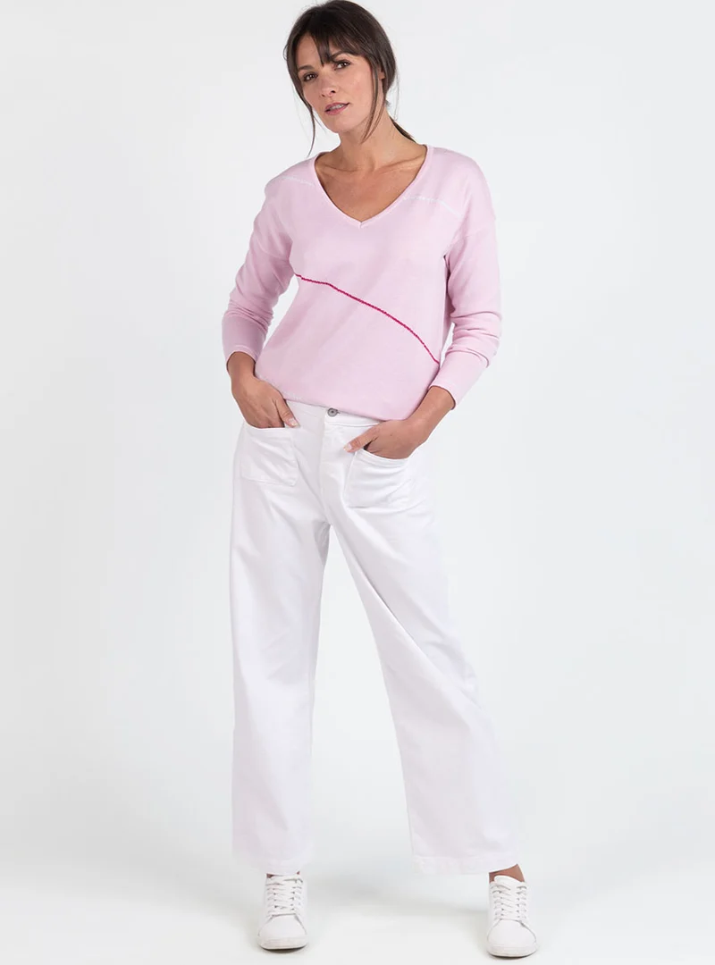 Pull femme col V en coton rose