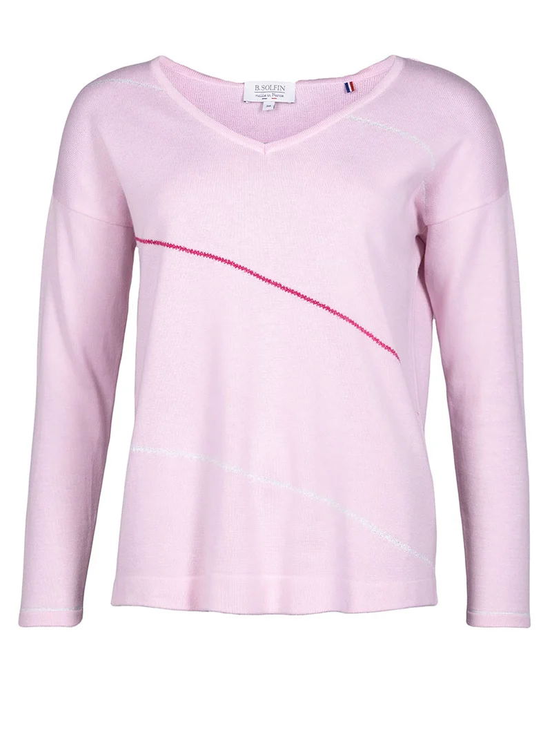Pull femme col V en coton rose