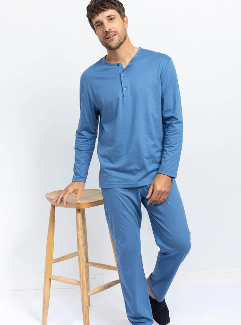 Pyjama manches longues homme en coton bleu