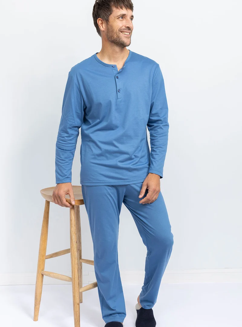 Pyjama manches longues homme en coton bleu
