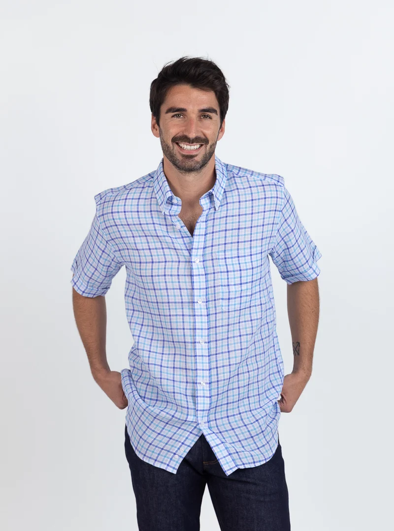 Chemise homme en lin carreaux bleus