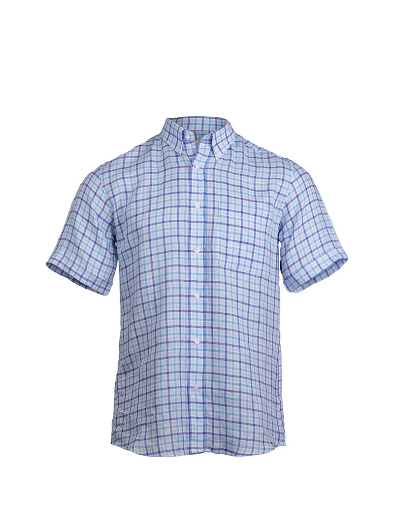 Chemise homme en lin carreaux bleus