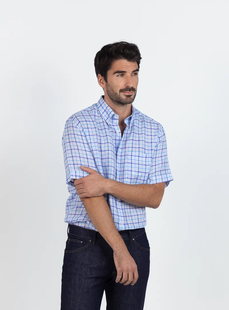 Chemise homme en lin carreaux bleus