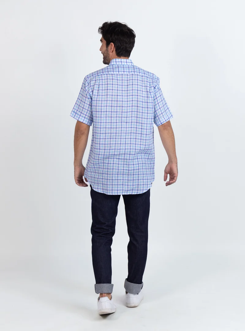Chemise homme en lin carreaux bleus