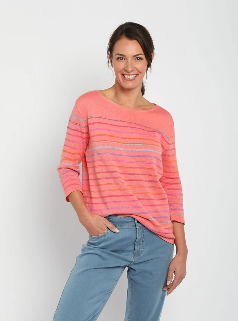 Pull marinière femme manches 3/4 en coton rose