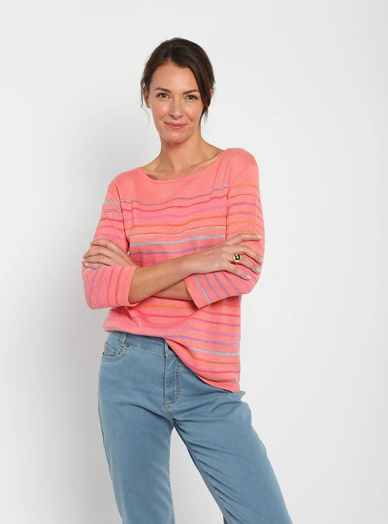 Pull marinière femme manches 3/4 en coton rose