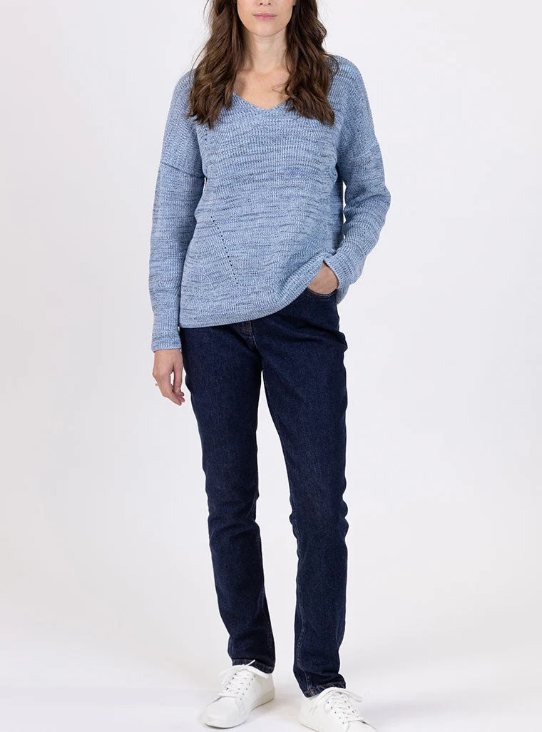 Pull femme décoleté dos bleu mer