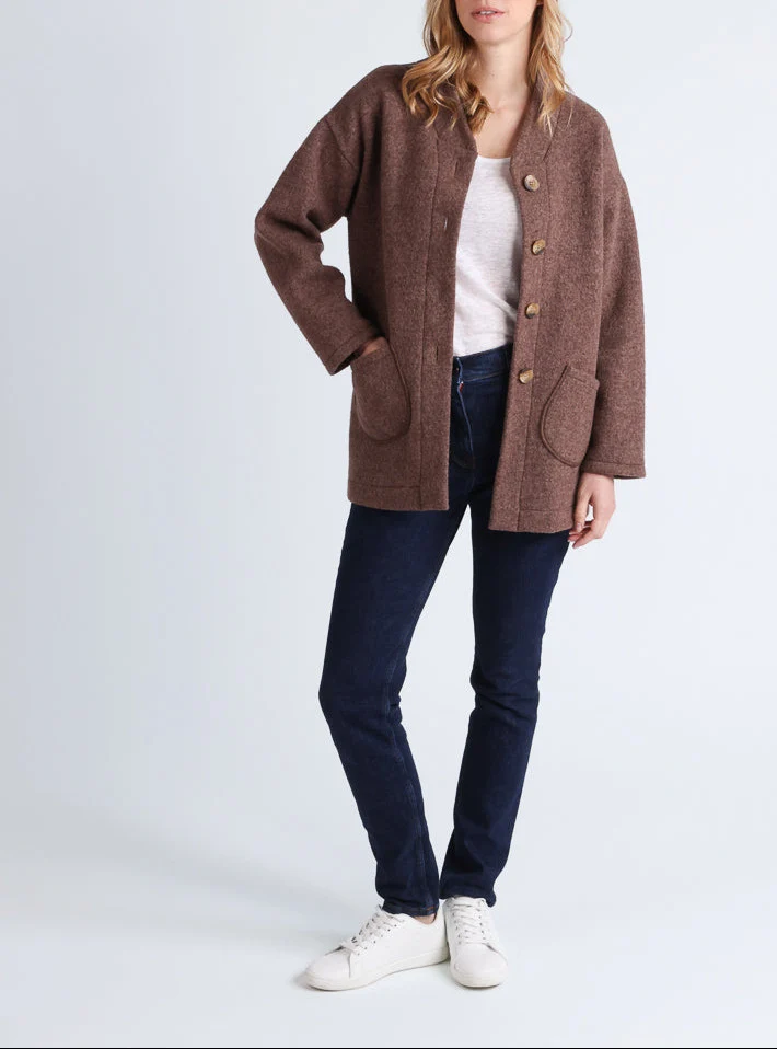 Manteau court femme laine bouillie marron foncé