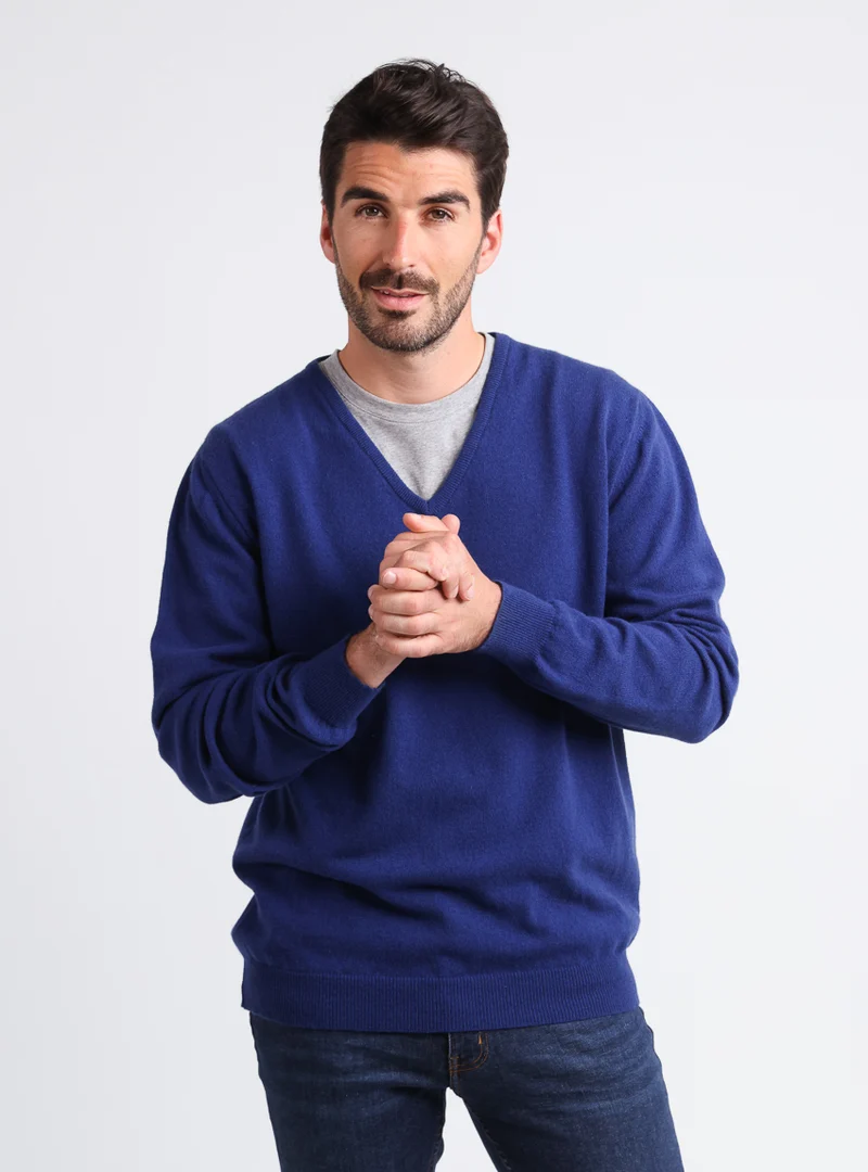 Pull homme col V en cachemire et laine bleu indigo