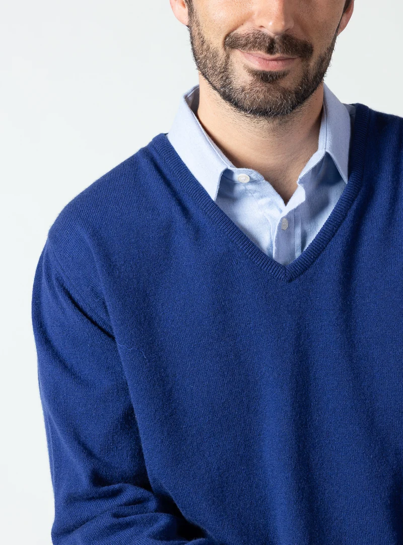 Pull homme col V en cachemire et laine bleu indigo