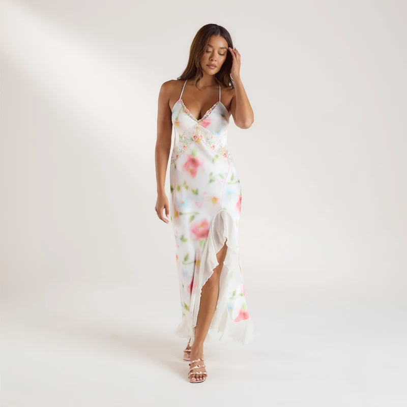 Robe Maxi en Satin Imprimé Aurora - Motif Floral