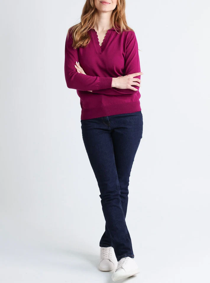 Pull col polo femme en laine mérinos violet