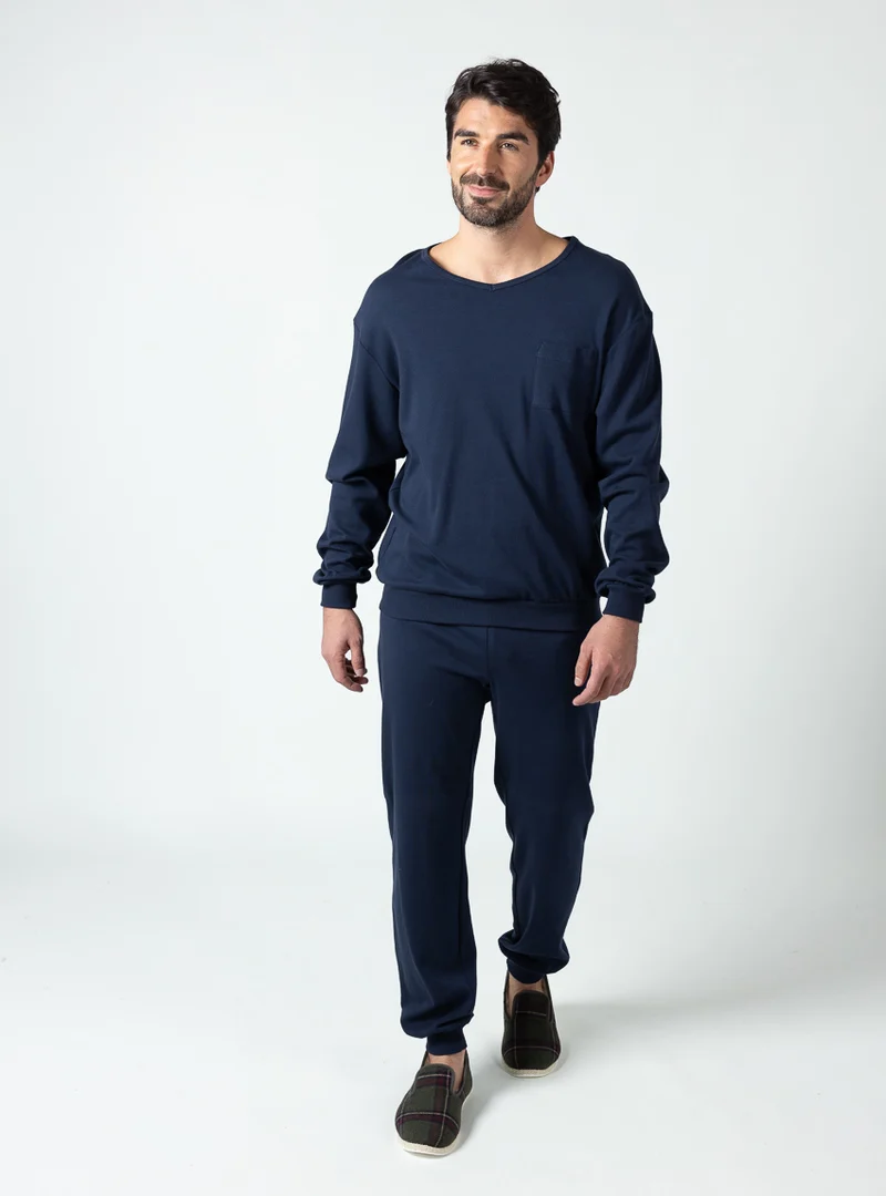 Pyjama hiver homme en coton bleu marine