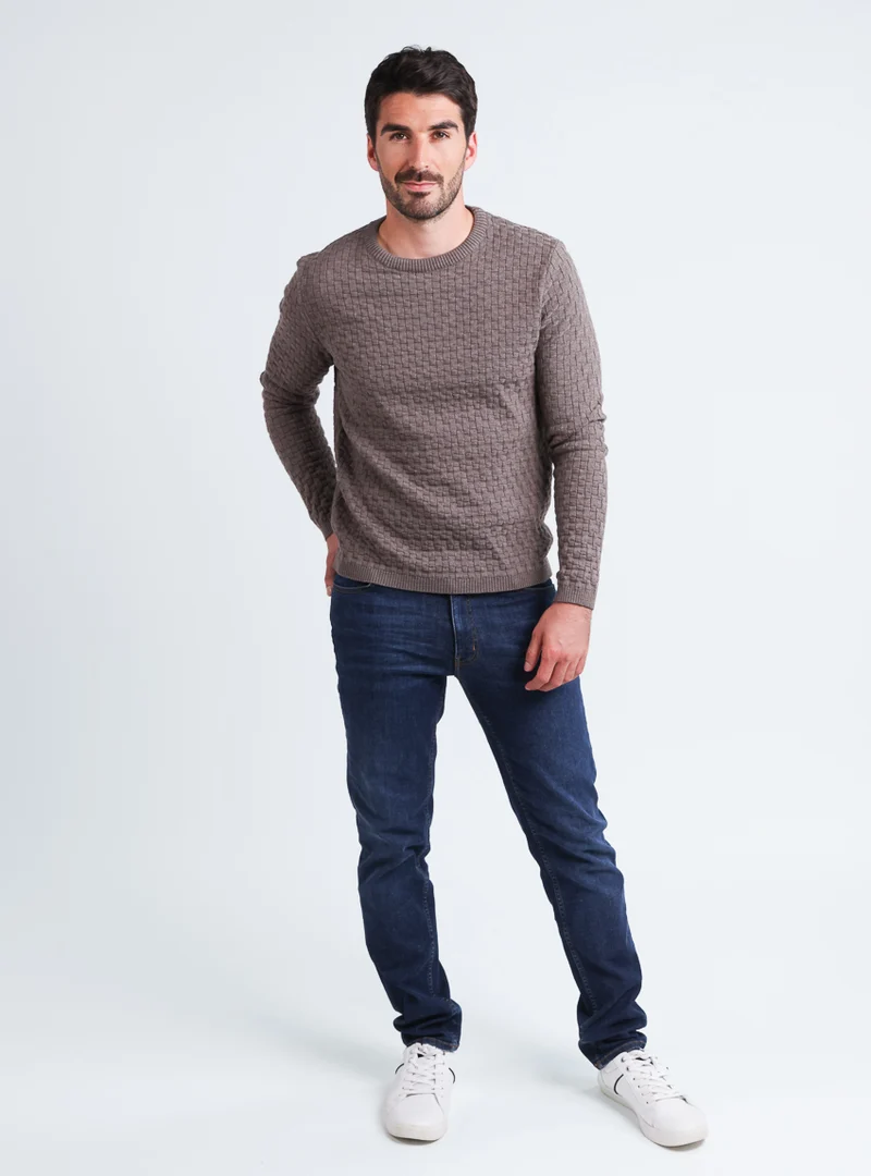 Pull homme damier en laine beige taupe