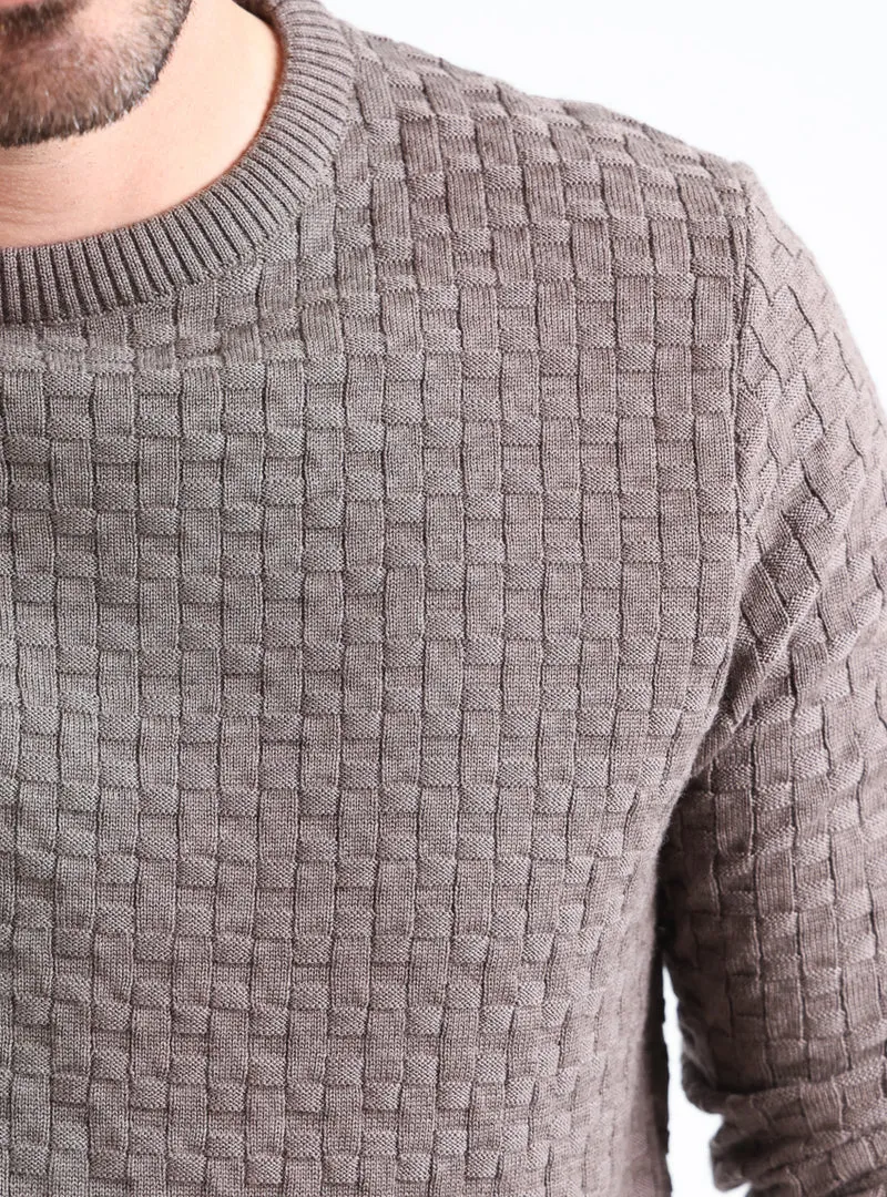 Pull homme damier en laine beige taupe