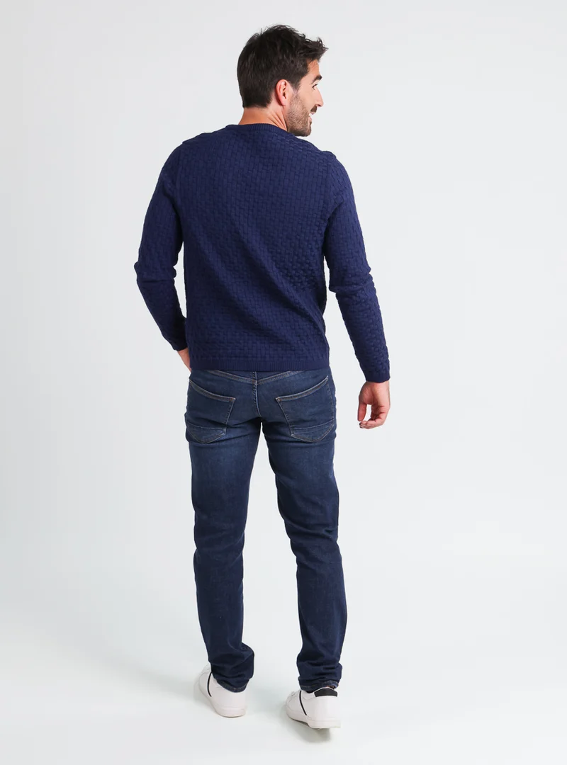 Pull homme damier en laine bleu amiral