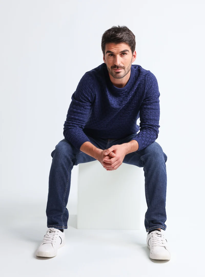 Pull homme damier en laine bleu amiral