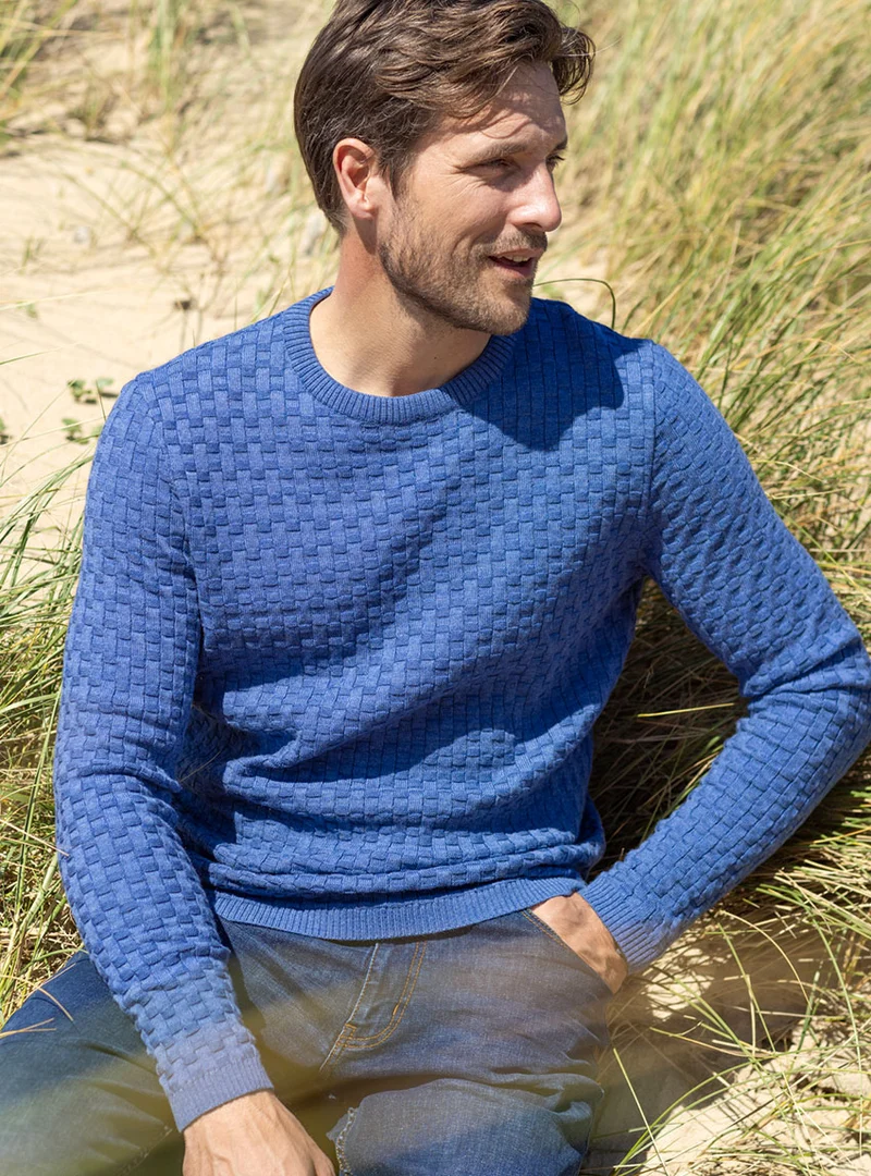 Pull homme damier en laine bleu jean