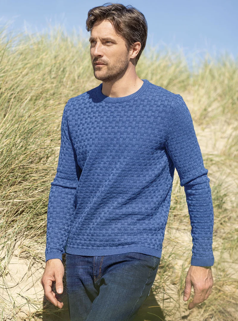 Pull homme damier en laine bleu jean