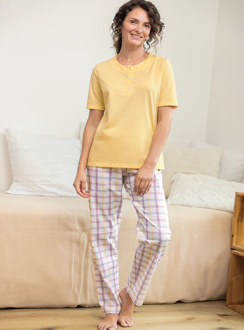 Pyjama femme été col rond en coton jaune
