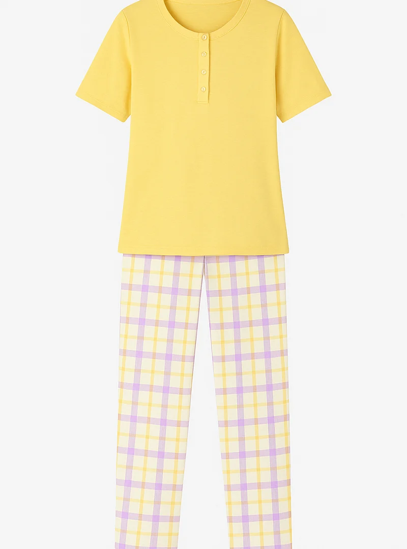 Pyjama femme été col rond en coton jaune