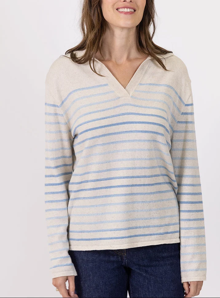 Pull marinière femme col polo en coton raye bleu