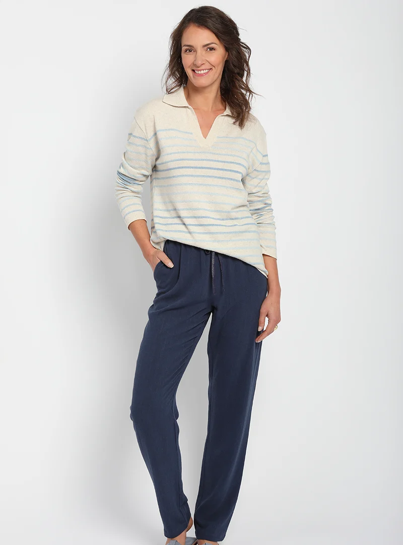 Pull marinière femme col polo en coton raye bleu