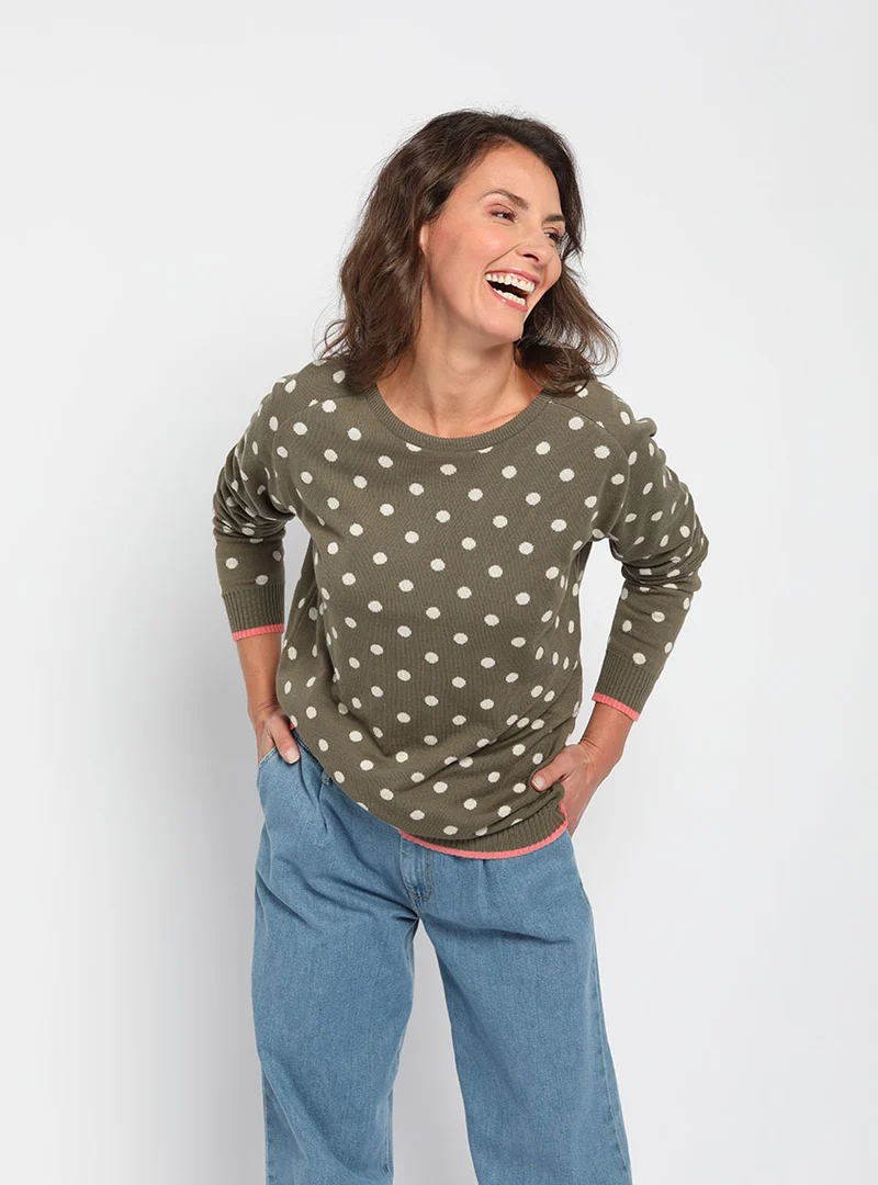 Pull femme à pois en coton vert kaki