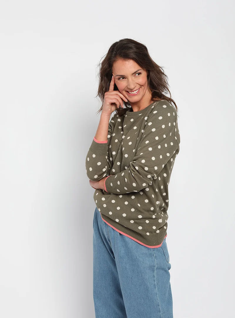 Pull femme à pois en coton vert kaki