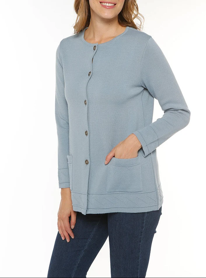 Veste longue femme en laine bleu brume