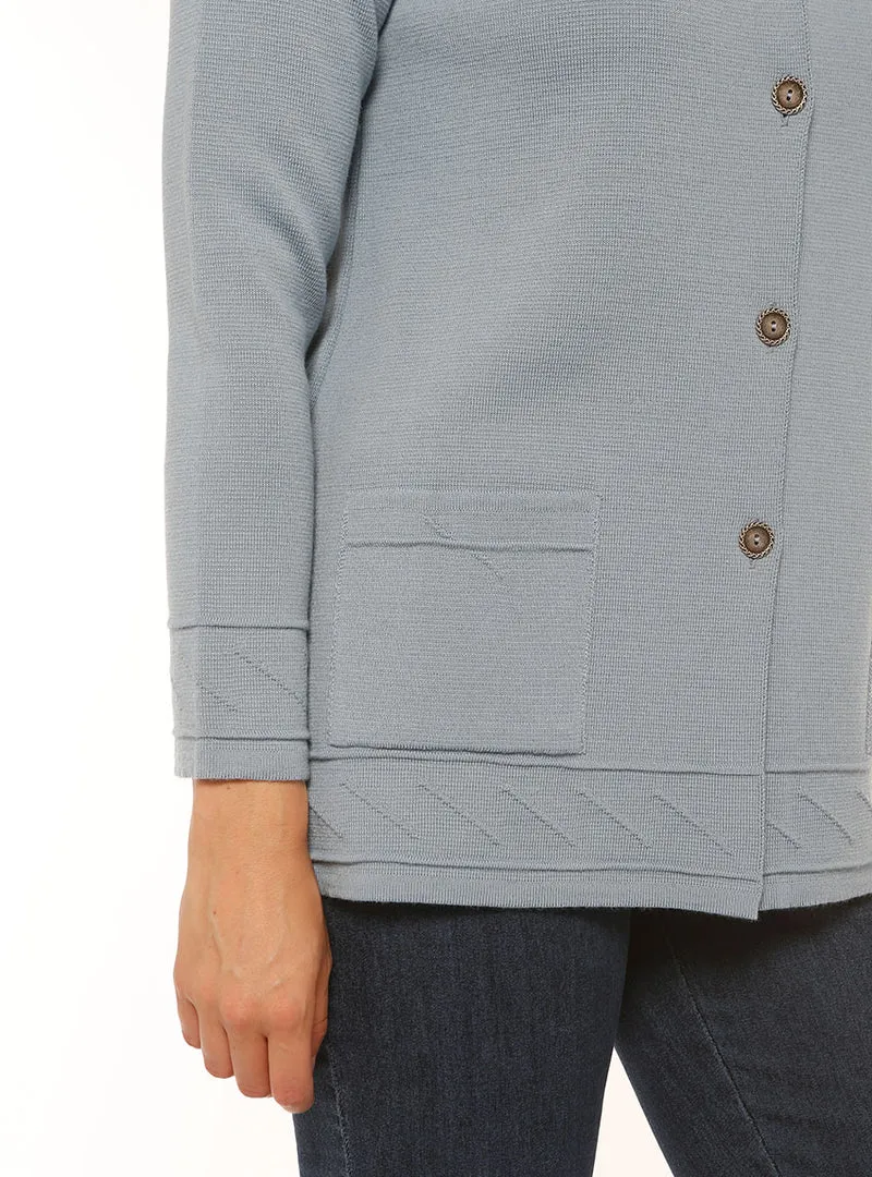 Veste longue femme en laine bleu brume