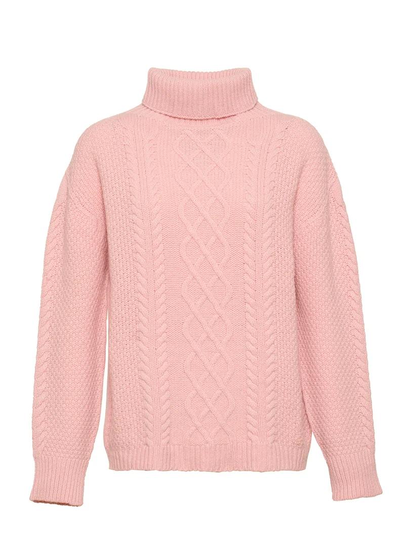 Pull col roule femme en laine recyclée rose poudre