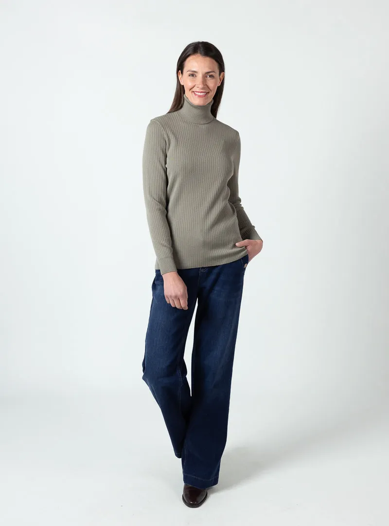 Pull chaussette femme col roule en laine mérinos Vert Olive