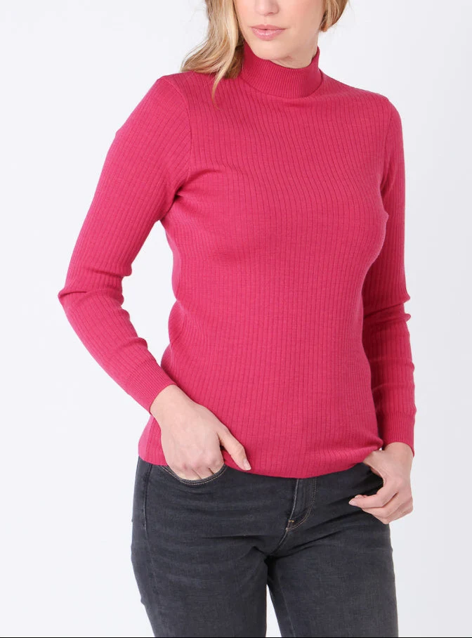 Pull chaussette femme col cheminee laine mérinos Rose géranium