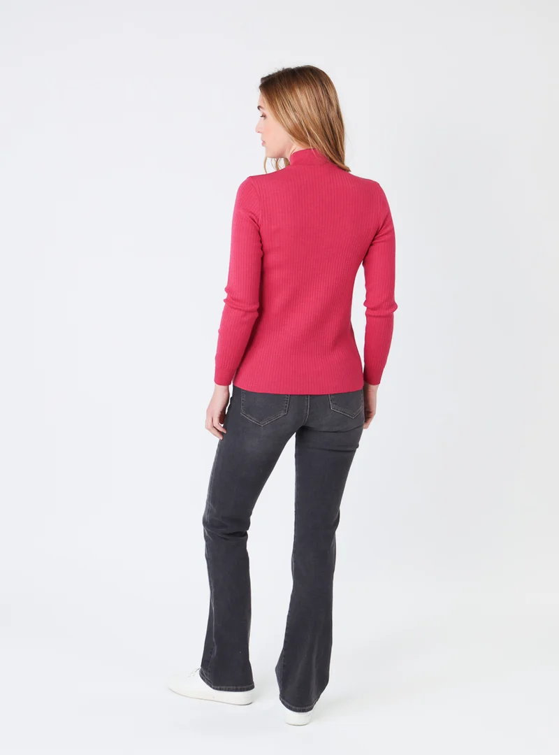 Pull chaussette femme col cheminee laine mérinos Rose géranium