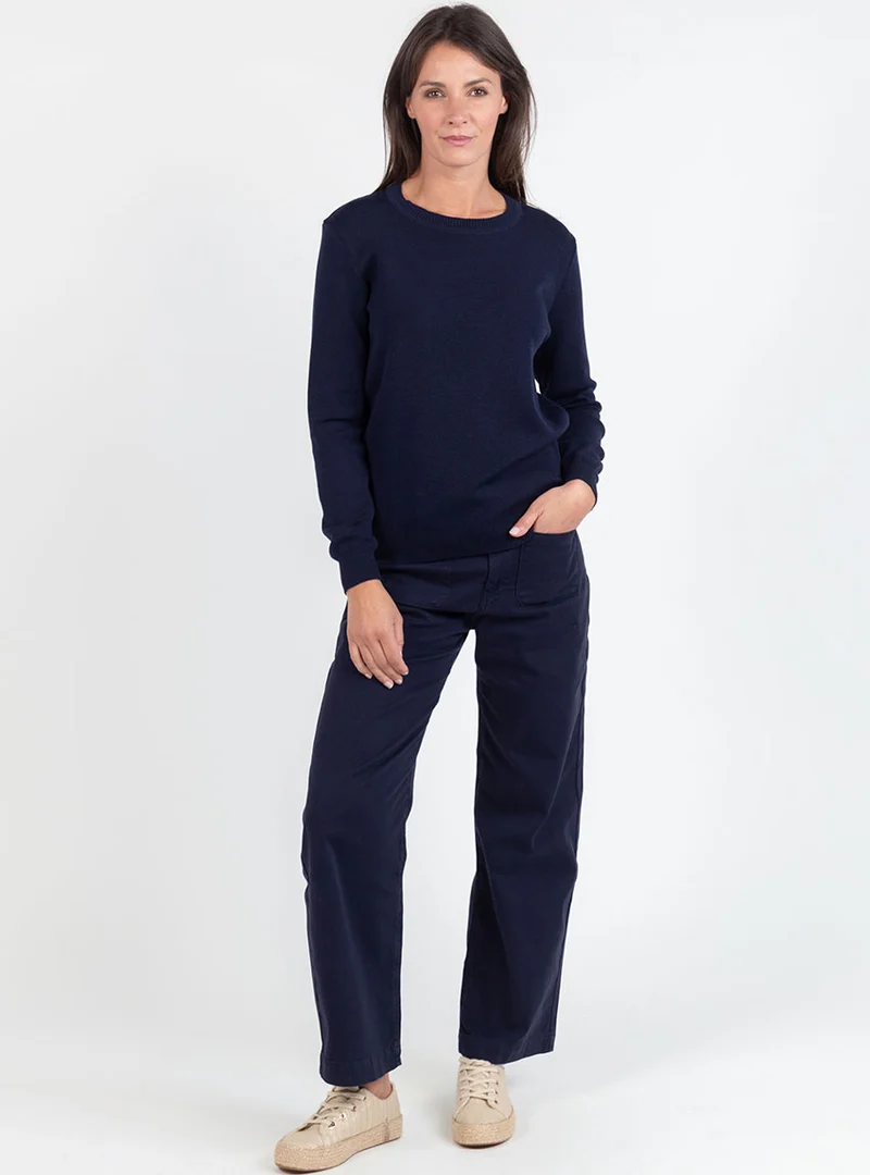 Pull femme en laine mérinos col rond bleu marine