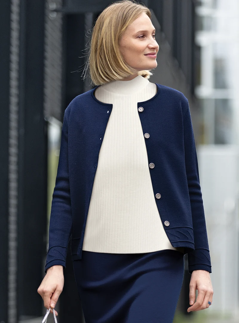 Veste courte femme en laine et maille fantaisie bleu marine