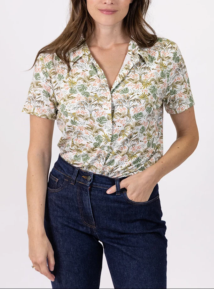 Chemisier à fleurs femme en maille vert feuillage