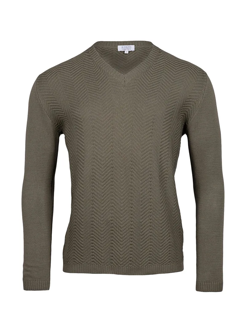 Pull homme col V chevrons en coton Vert Kaki
