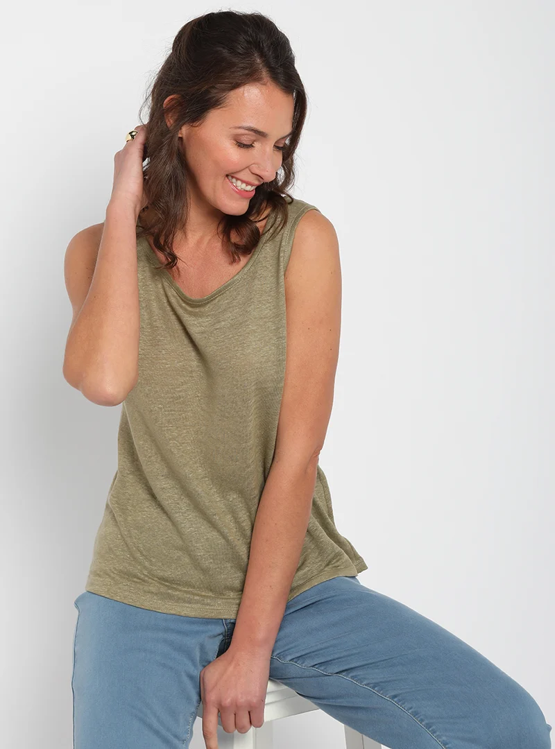 Débardeur femme en lin Vert Kaki