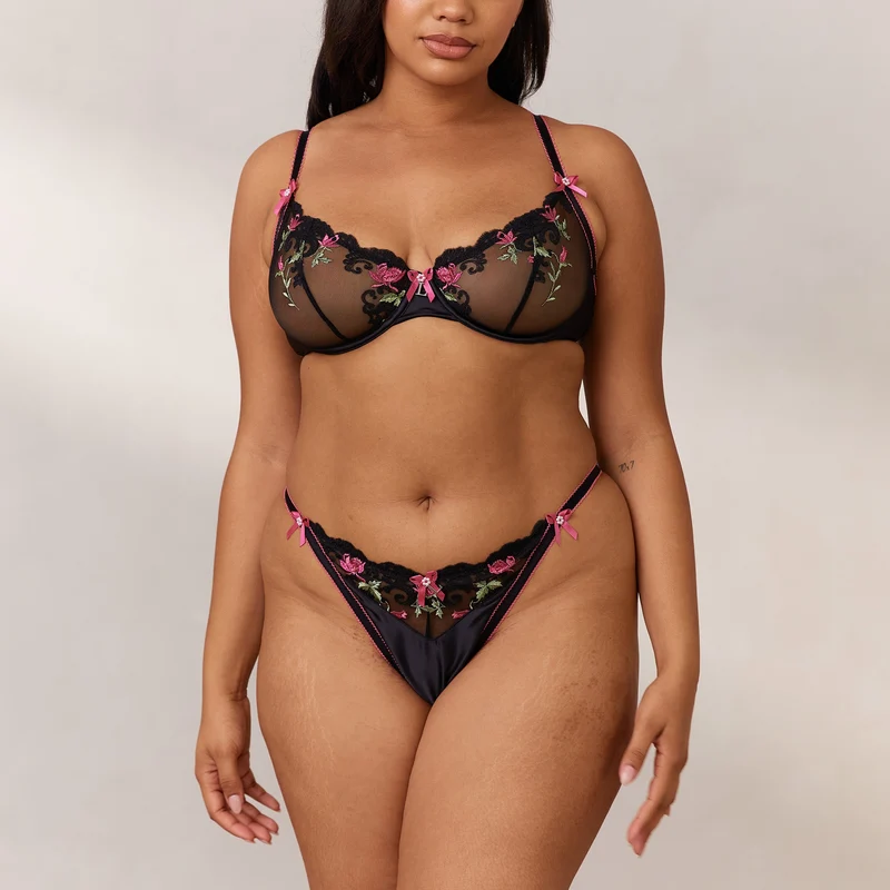 Bloom Embroidered Balcony Soutien-Gorge - Noir