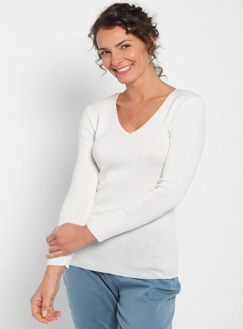 Tee Shirt femme laine mérinos manches longues col V Blanc naturel