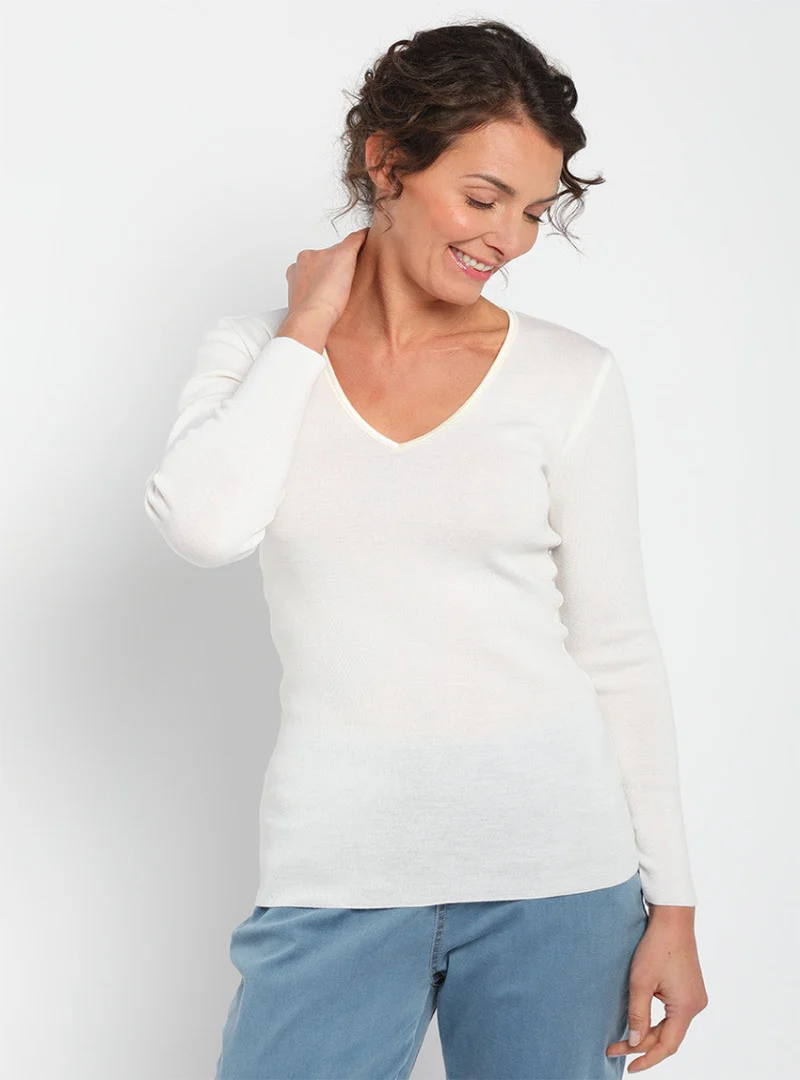 Tee Shirt femme laine mérinos manches longues col V Blanc naturel