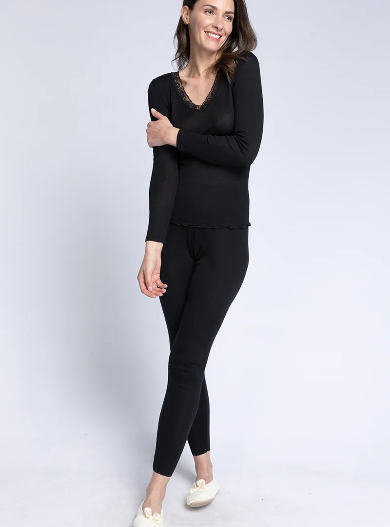 Tee-shirt manches longues femme laine et soie fine broderie noir